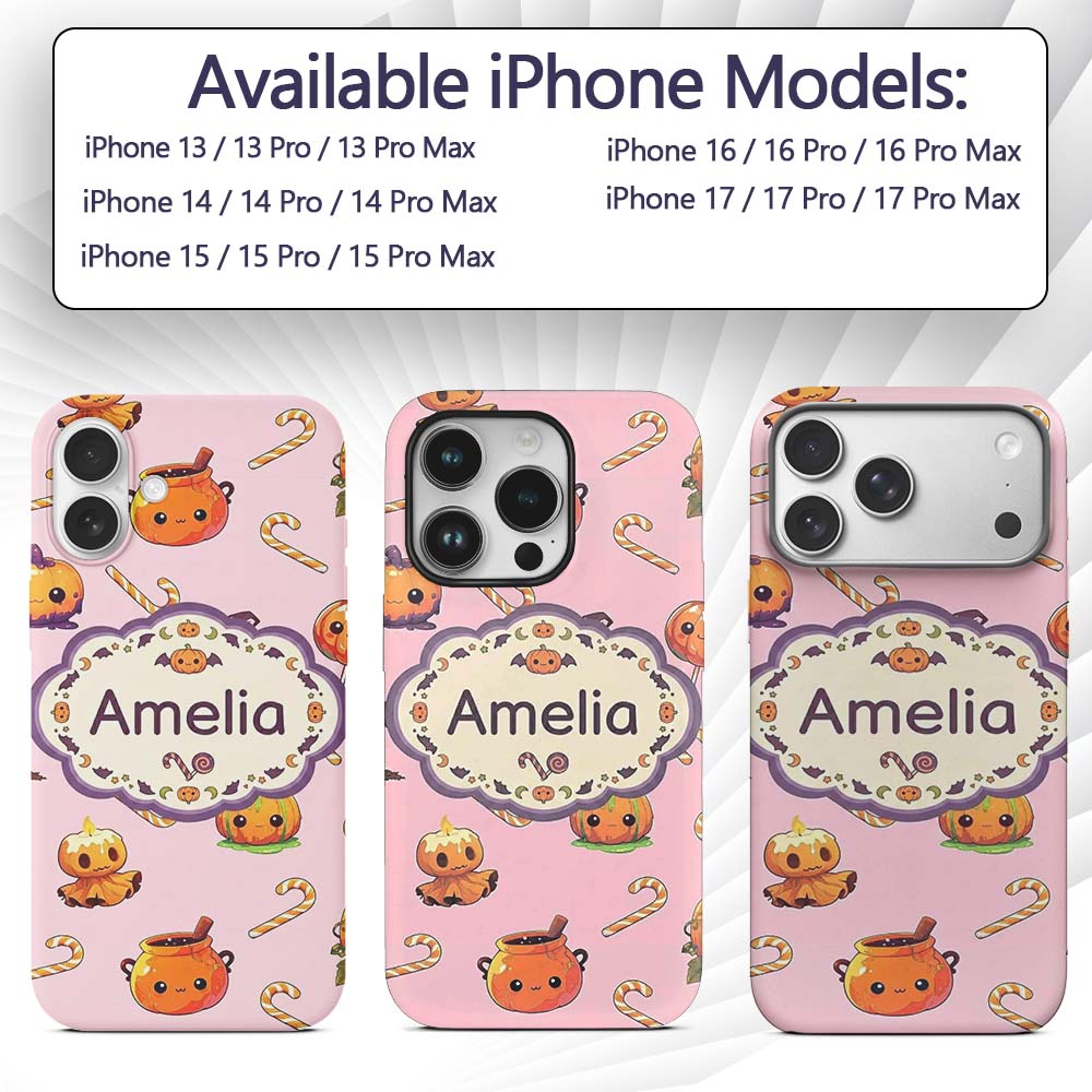 Cute Kawaii Halloween Pumpkin Candy Scarecrow Custom Name Protective Phone Case Mobile Cover Durable Everyday Smartphone Shock Resistant