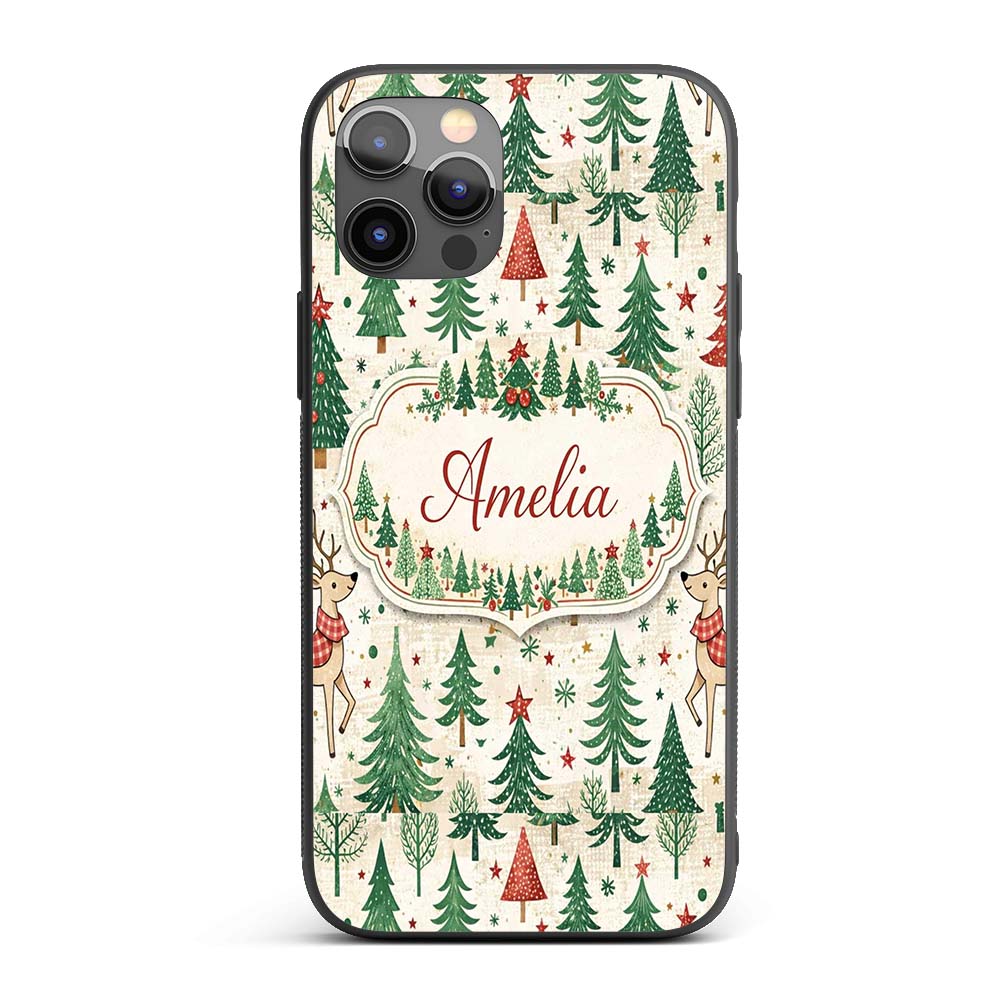Christmas Reindeer Pine Tree Scandinavian Festive Custom Name Protective Phone Case Mobile Cover Durable Everyday Smartphone Shock Resistant