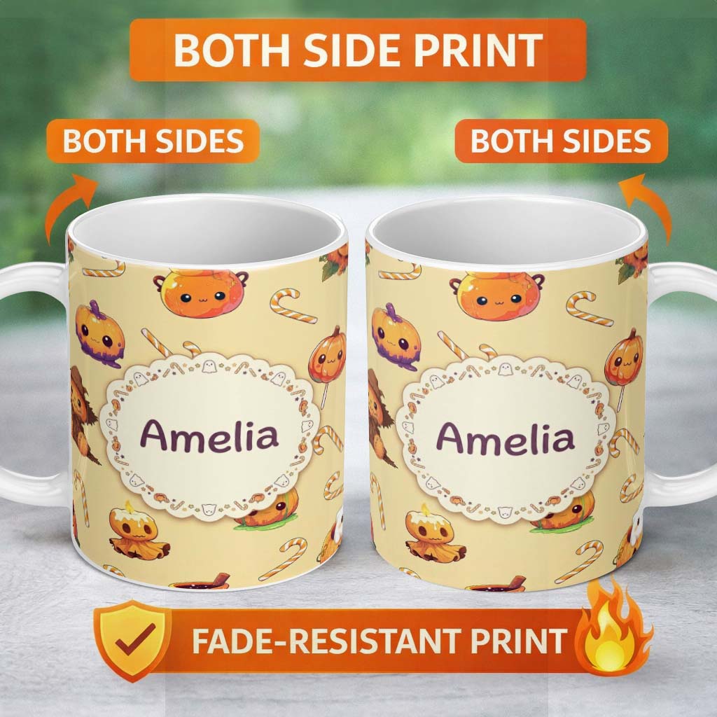 Personalized Custom Name Cute Halloween Pumpkin Candy Scarecrow Seamless Pattern Yellow 11oz Ceramic Coffee Tea Mug White Large Handle