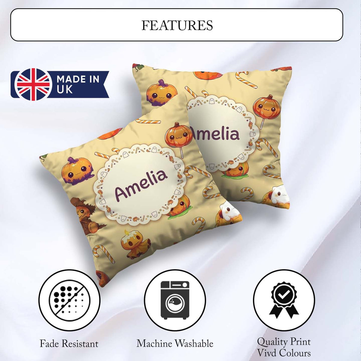 Custom Name Cute Halloween Pumpkin Candy Seamless Pattern Yellow Square Filled Cushion Throw Pillow Sofa Bed Home Decor Zip Washable UK Made