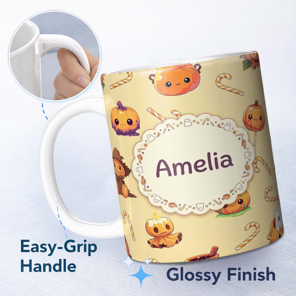 Personalized Custom Name Cute Halloween Pumpkin Candy Scarecrow Seamless Pattern Yellow 11oz Ceramic Coffee Tea Mug White Large Handle