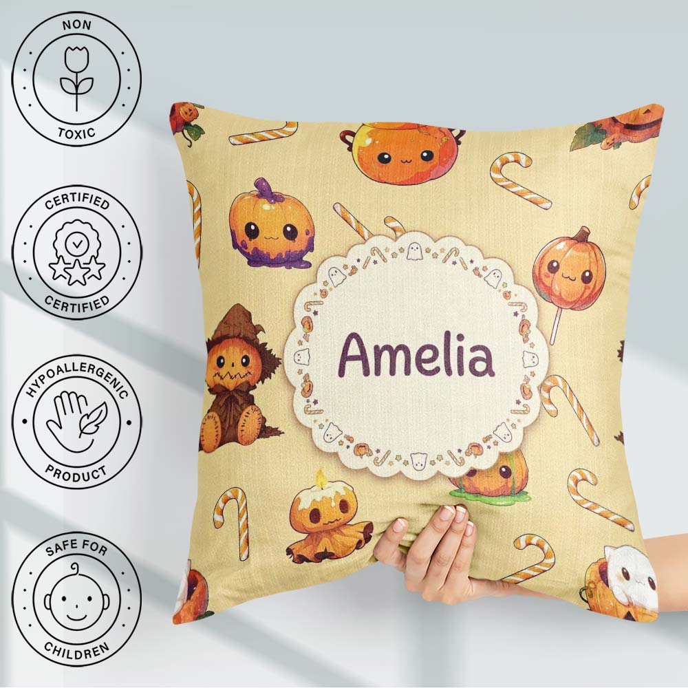 Custom Name Cute Halloween Pumpkin Candy Seamless Pattern Yellow Square Filled Cushion Throw Pillow Sofa Bed Home Decor Zip Washable UK Made