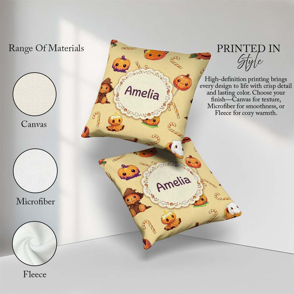 Custom Name Cute Halloween Pumpkin Candy Seamless Pattern Yellow Square Filled Cushion Throw Pillow Sofa Bed Home Decor Zip Washable UK Made