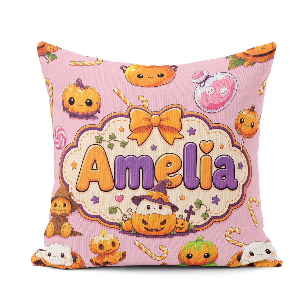Custom Name Kawaii Halloween Pumpkin Candy Seamless Pattern Pink Square Filled Cushion Throw Pillow Sofa Bed Home Decor Zip Washable UK Made