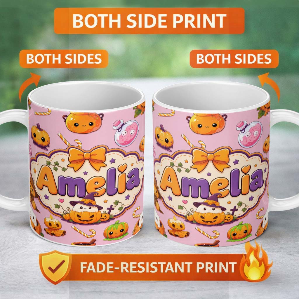Personalized Custom Name Cute Kawaii Halloween Pumpkin Candy Scarecrow Seamless Pattern Pink 11oz Ceramic Coffee Tea Mug White Large Handle