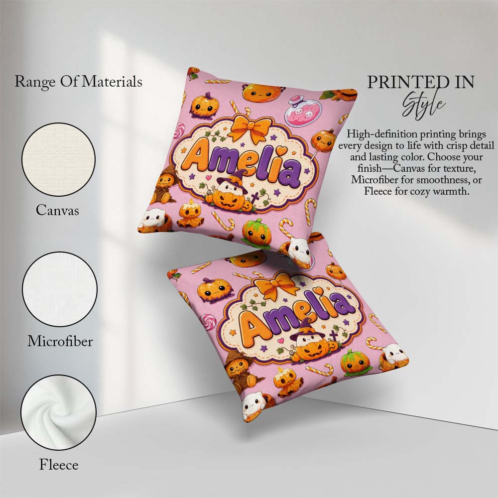 Custom Name Kawaii Halloween Pumpkin Candy Seamless Pattern Pink Square Filled Cushion Throw Pillow Sofa Bed Home Decor Zip Washable UK Made