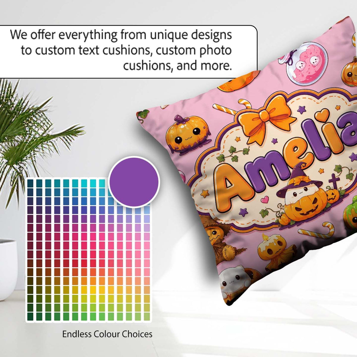 Custom Name Kawaii Halloween Pumpkin Candy Seamless Pattern Pink Square Filled Cushion Throw Pillow Sofa Bed Home Decor Zip Washable UK Made