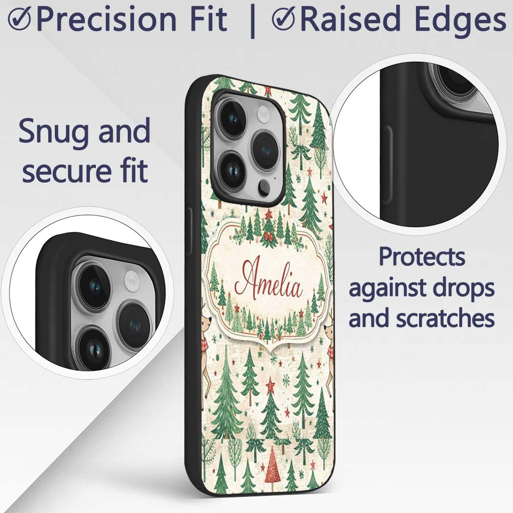 Christmas Reindeer Pine Tree Scandinavian Festive Custom Name Protective Phone Case Mobile Cover Durable Everyday Smartphone Shock Resistant