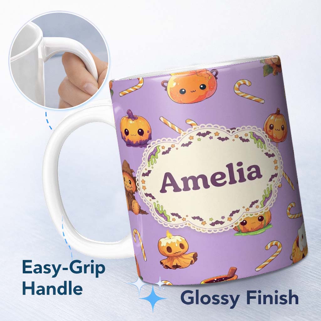 Personalized Custom Name Cute Halloween Pumpkin Candy Scarecrow Seamless Pattern Purple 11oz Ceramic Coffee Tea Mug White Large Handle