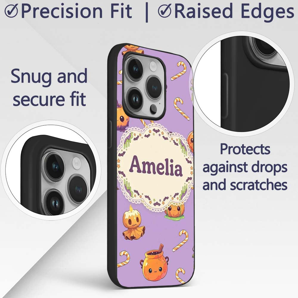 Cute Halloween Pumpkin Candy Scarecrow Seamless Custom Name Protective Phone Case Mobile Cover Durable Everyday Smartphone Shock Resistant