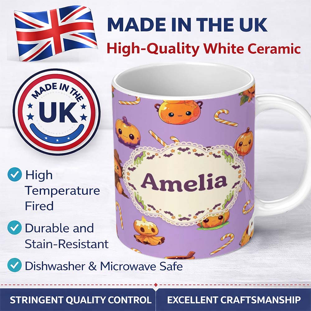 Personalized Custom Name Cute Halloween Pumpkin Candy Scarecrow Seamless Pattern Purple 11oz Ceramic Coffee Tea Mug White Large Handle