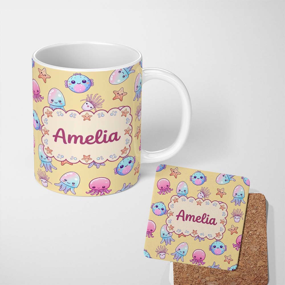 Personalized Custom Name Kawaii Jellyfish Puffer Fish Starfish Pastel Ocean Creatures Yellow 11oz Ceramic Coffee Tea Mug White Large Handle