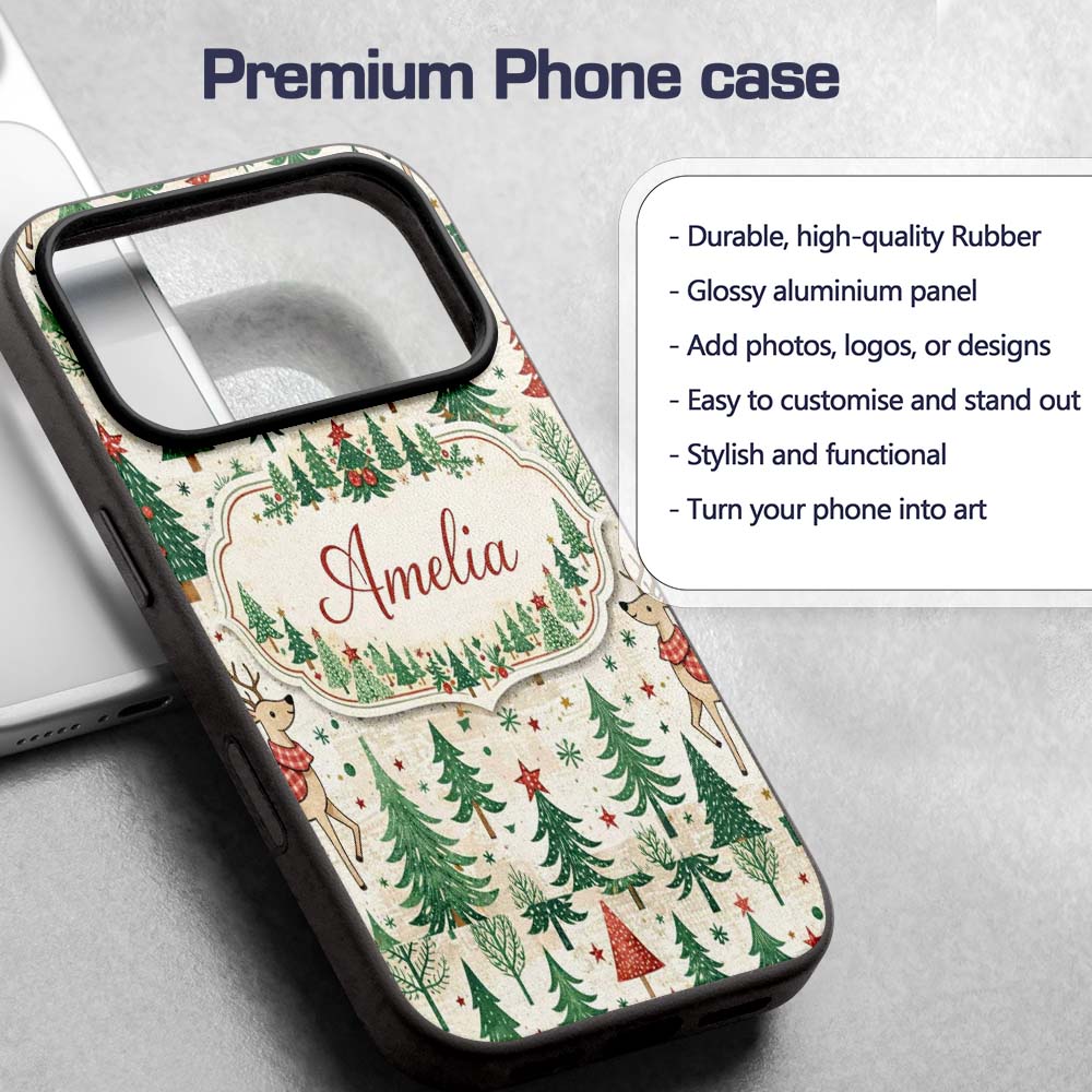 Christmas Reindeer Pine Tree Scandinavian Festive Custom Name Protective Phone Case Mobile Cover Durable Everyday Smartphone Shock Resistant