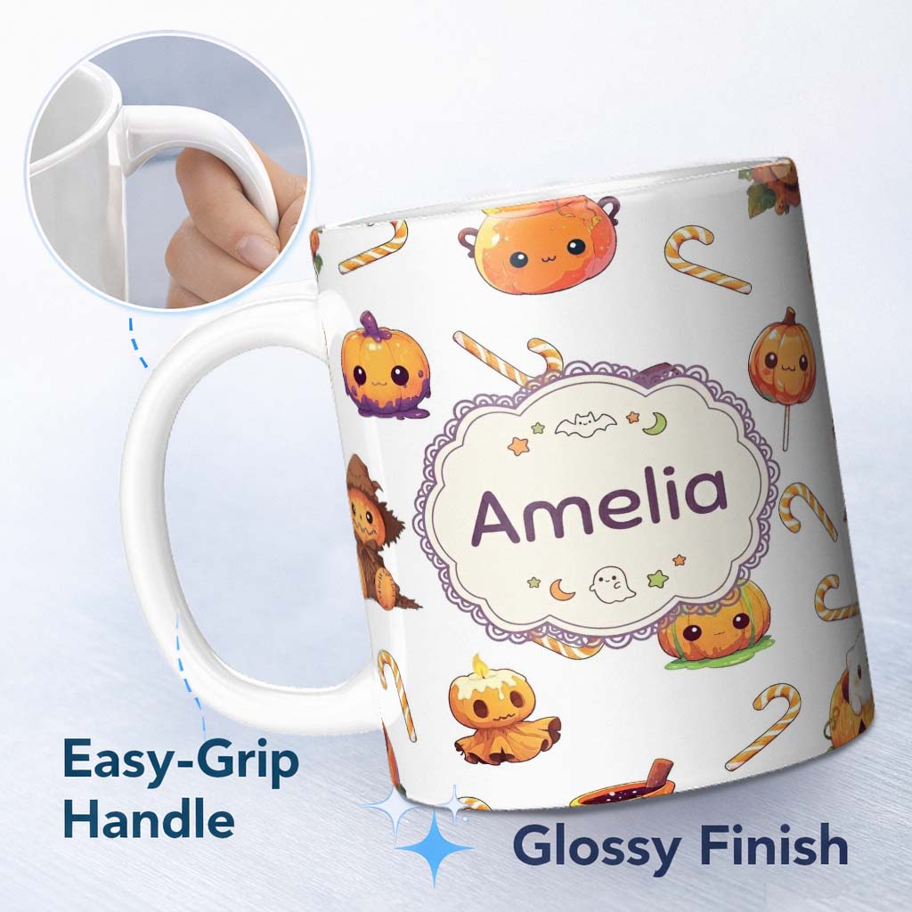 Personalized Custom Name Cute Kawaii Halloween Pumpkin Candy Scarecrow Seamless Pattern Grey 11oz Ceramic Coffee Tea Mug White Large Handle