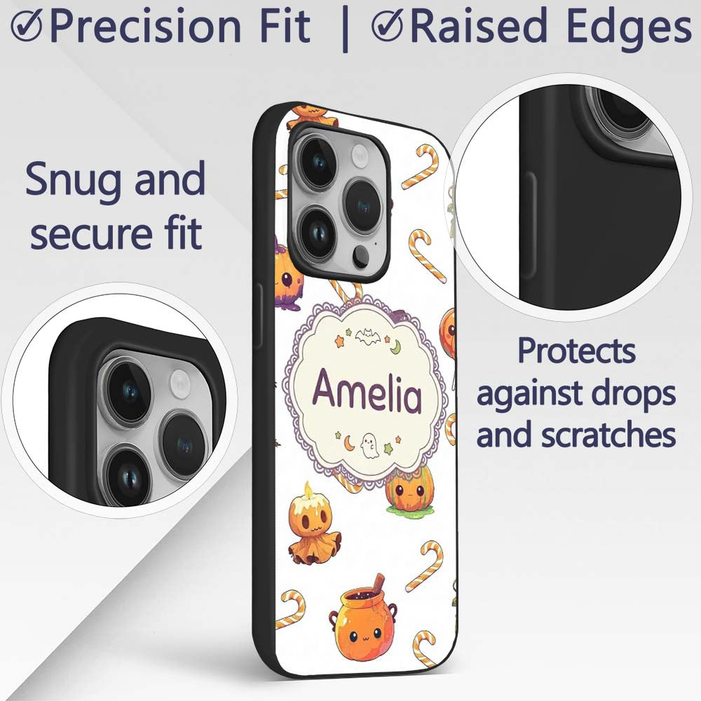 Cute Kawaii Halloween Pumpkin Candy Scarecrow Custom Name Protective Phone Case Mobile Cover Durable Everyday Smartphone Shock Resistant