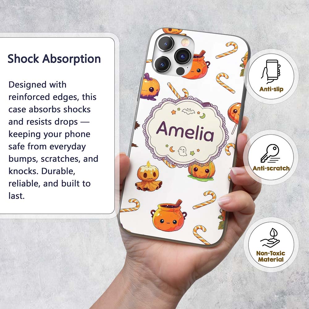 Cute Kawaii Halloween Pumpkin Candy Scarecrow Custom Name Protective Phone Case Mobile Cover Durable Everyday Smartphone Shock Resistant
