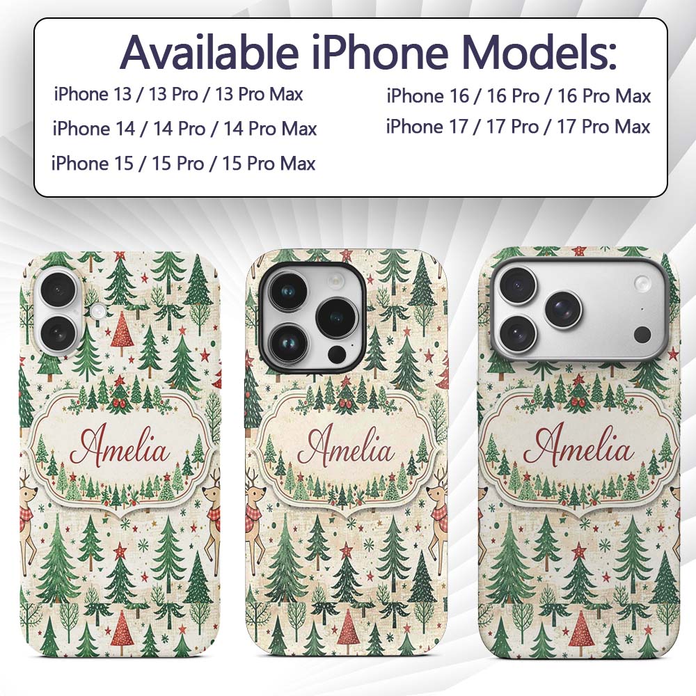 Christmas Reindeer Pine Tree Scandinavian Festive Custom Name Protective Phone Case Mobile Cover Durable Everyday Smartphone Shock Resistant