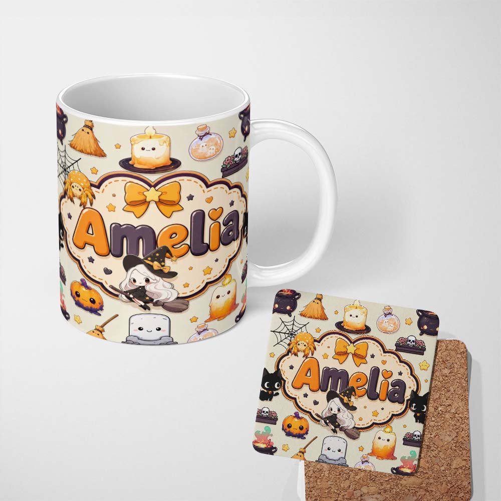 Personalized Custom Name Cute Kawaii Witch Spider Candle Moon Seamless Pattern Cream 11oz Ceramic Coffee Tea Mug White Large Handle