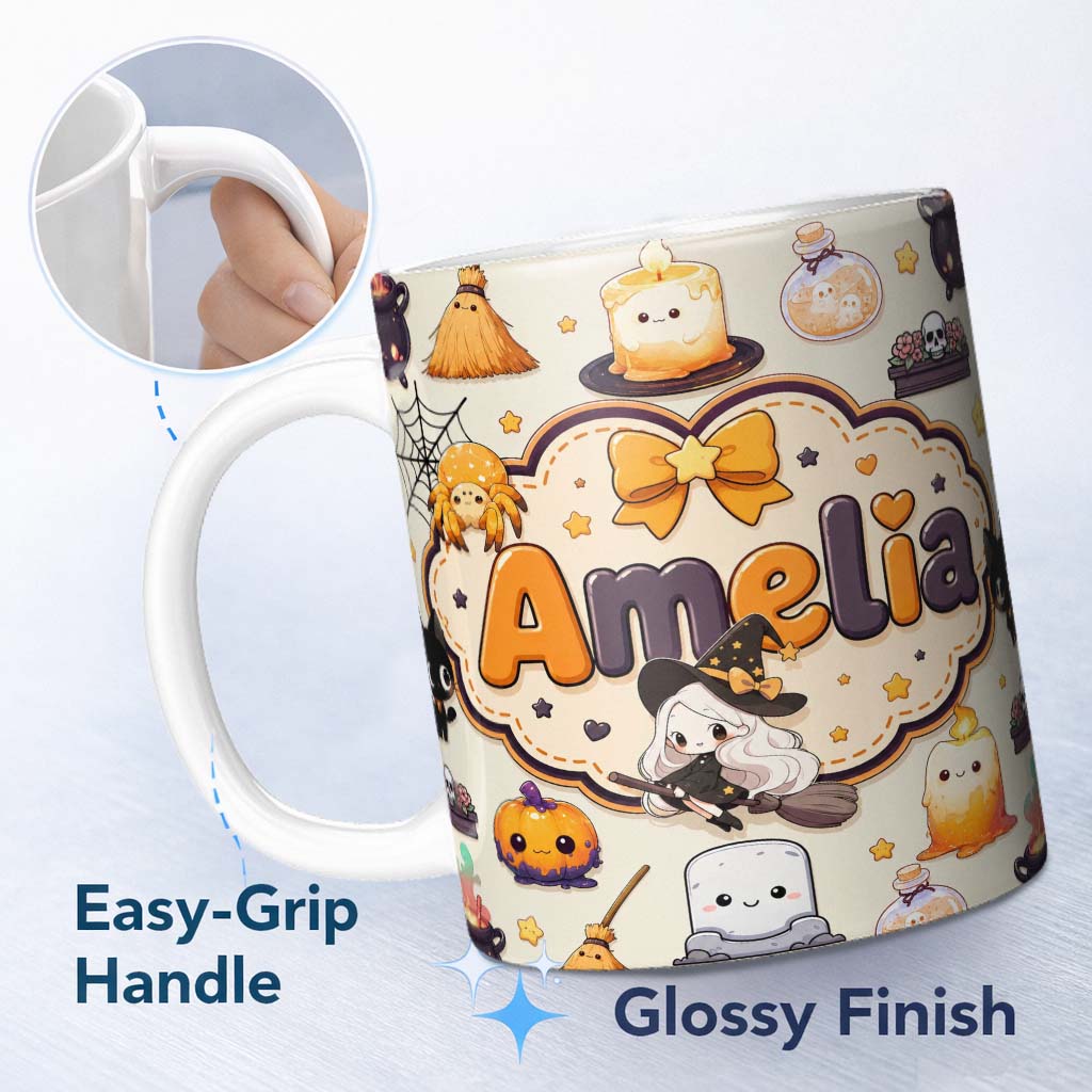 Personalized Custom Name Cute Kawaii Witch Spider Candle Moon Seamless Pattern Cream 11oz Ceramic Coffee Tea Mug White Large Handle
