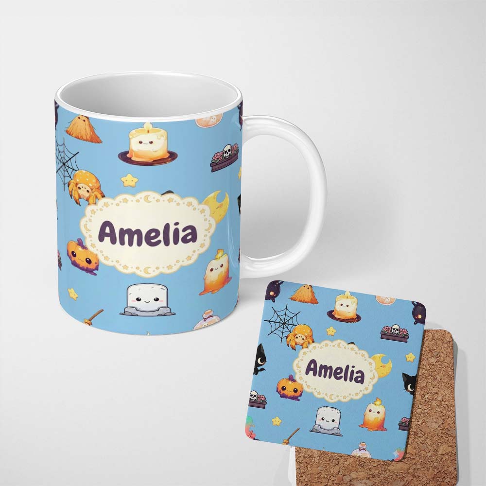 Personalized Custom Name Cute Kawaii Witch Spider Candle Moon Seamless Pattern Blue 11oz Ceramic Coffee Tea Mug White Large Handle