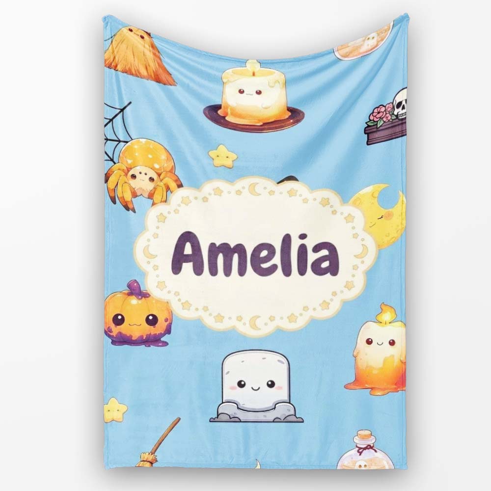 Cute Kawaii Witch Spider Candle Moon Seamless Pattern Blue Personalised Custom Name Super Soft Fleece Blanket Bed Sofa Throw