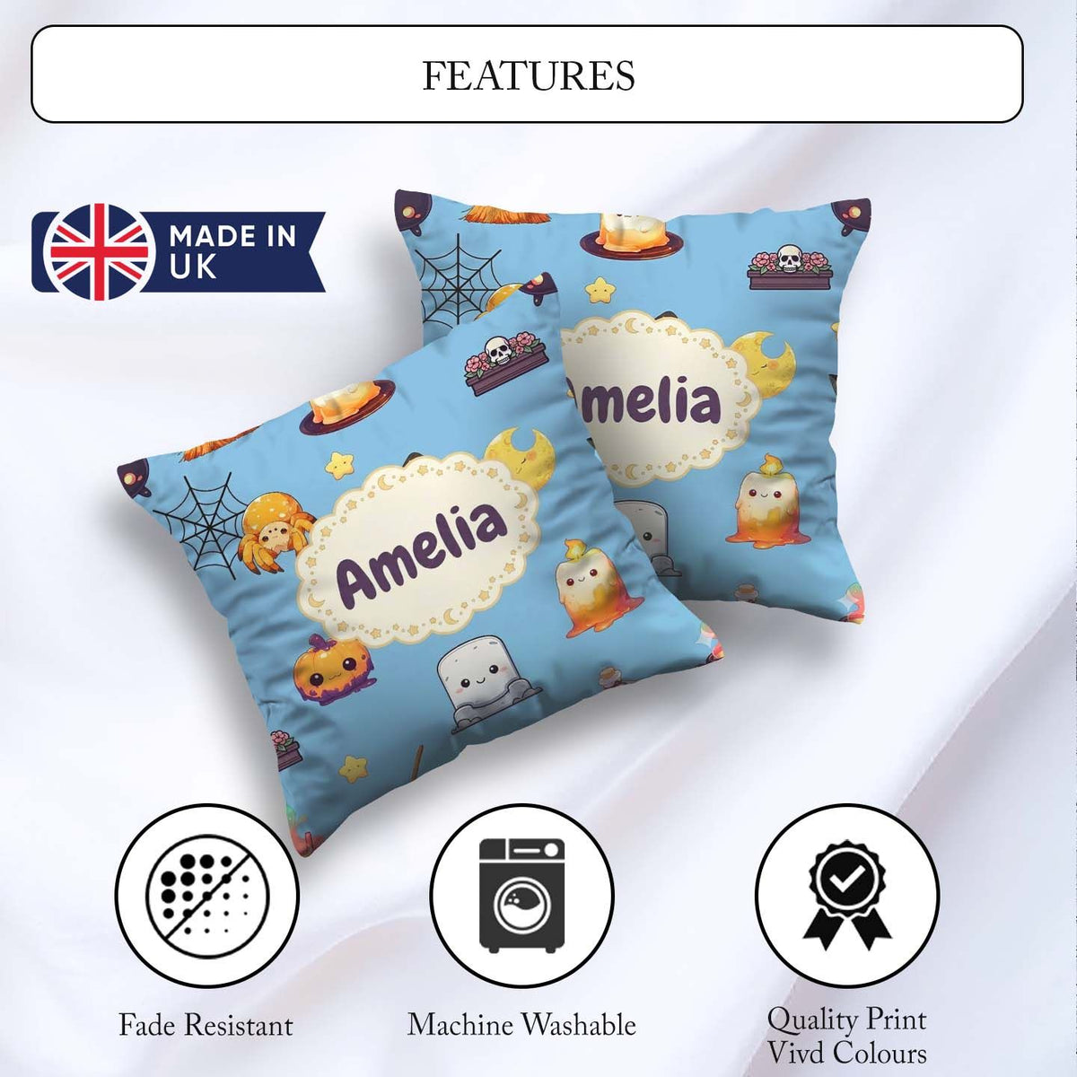 Custom Name Cute Kawaii Spider Candle Moon Seamless Pattern Blue Square Filled Cushion Throw Pillow Sofa Bed Home Decor Zip Washable UK Made