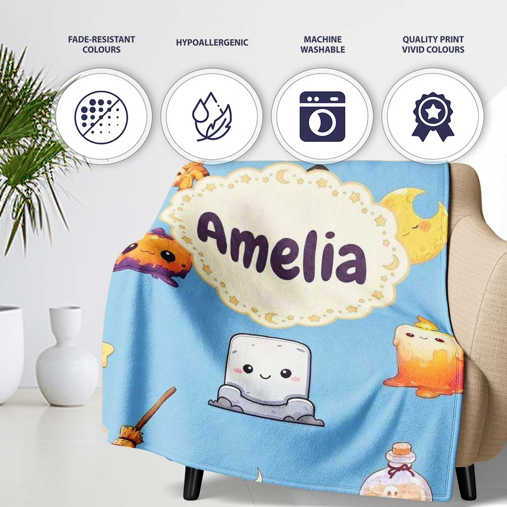 Cute Kawaii Witch Spider Candle Moon Seamless Pattern Blue Personalised Custom Name Super Soft Fleece Blanket Bed Sofa Throw