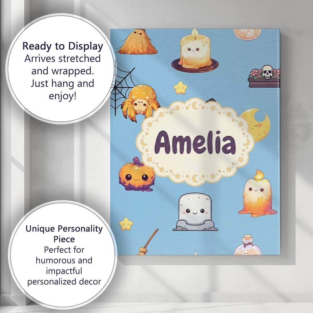 Personalised Name Cute Kawaii Witch Spider Custom Unique Gift Idea Elegant Feature Canvas Wall Art Print Decor Picture Ready to Hang