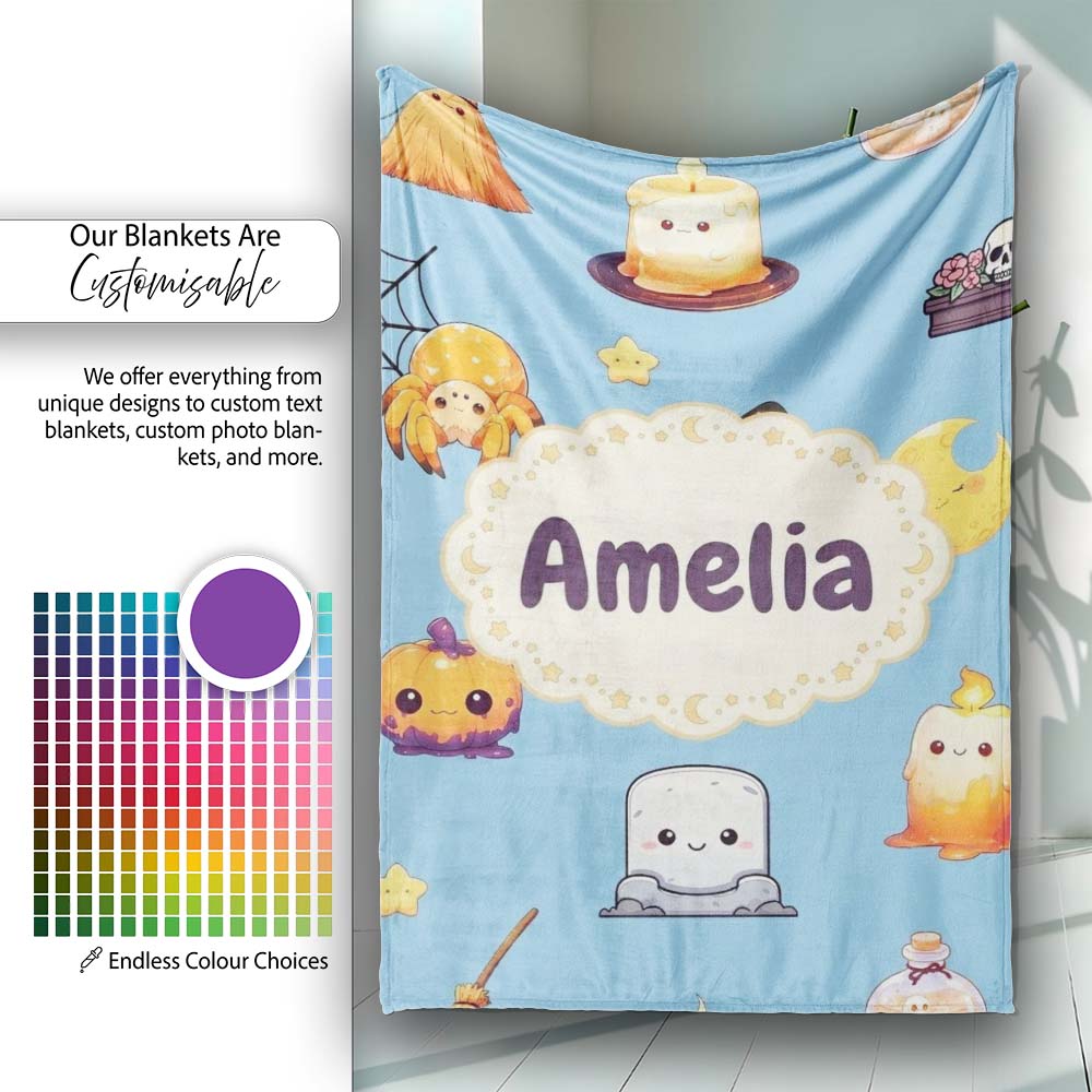 Cute Kawaii Witch Spider Candle Moon Seamless Pattern Blue Personalised Custom Name Super Soft Fleece Blanket Bed Sofa Throw