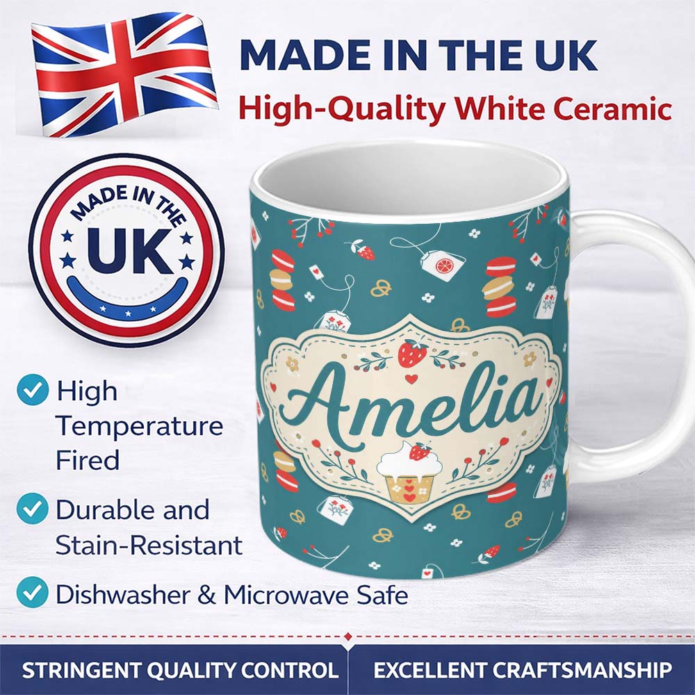 Personalized Custom Name Cute Tea Dessert Strawberry Macaron Seamless Pattern Lovely 11oz Ceramic Coffee Tea Mug White Large Handle