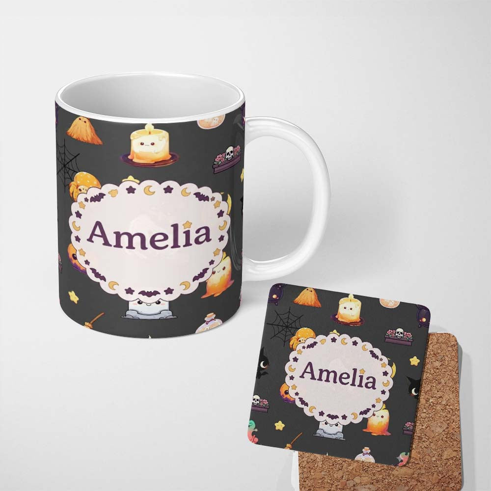 Personalized Custom Name Cute Kawaii Witch Spider Candle Moon Seamless Pattern Black 11oz Ceramic Coffee Tea Mug White Large Handle
