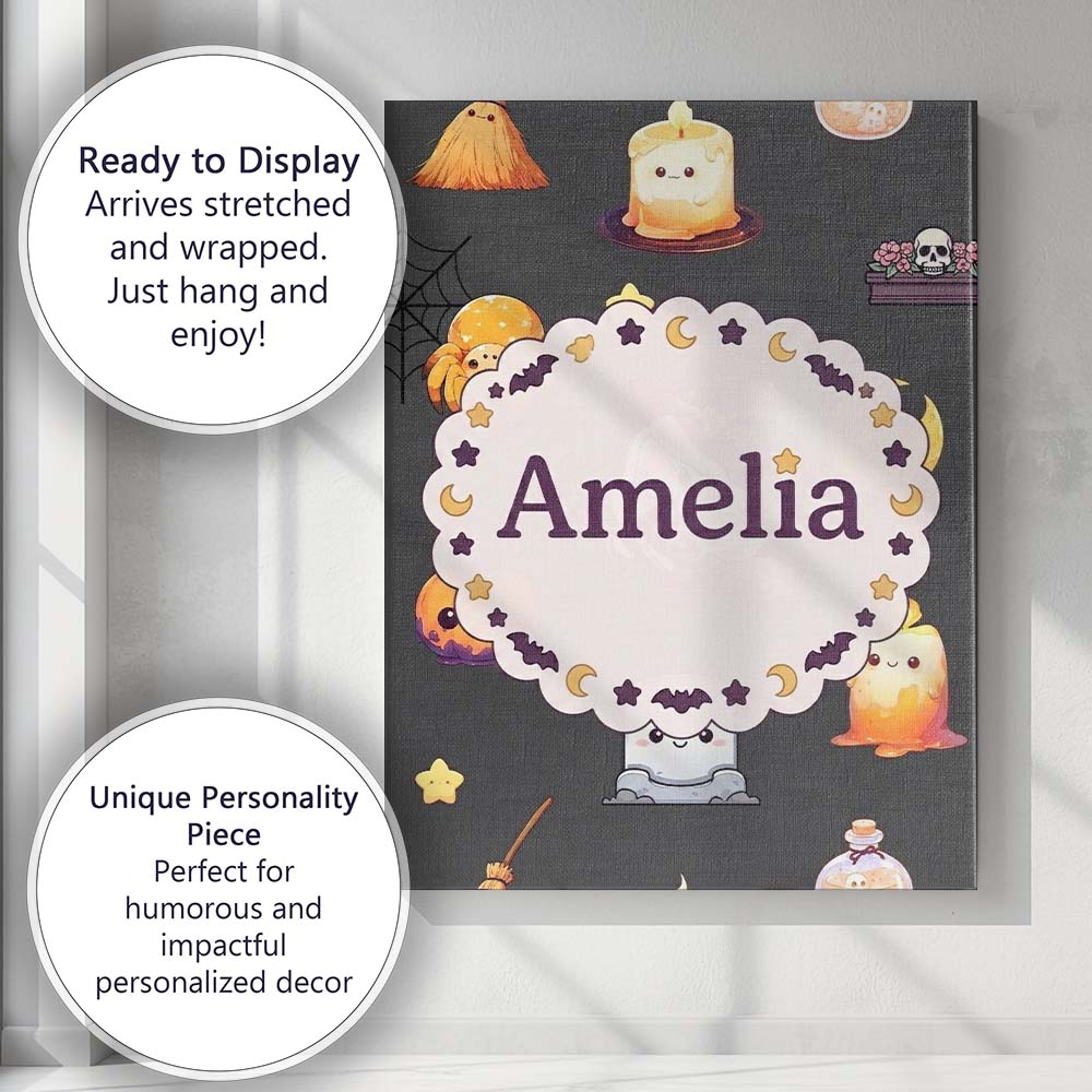 Personalised Name Cute Kawaii Witch Spider Custom Unique Gift Idea Elegant Feature Canvas Wall Art Print Decor Picture Ready to Hang