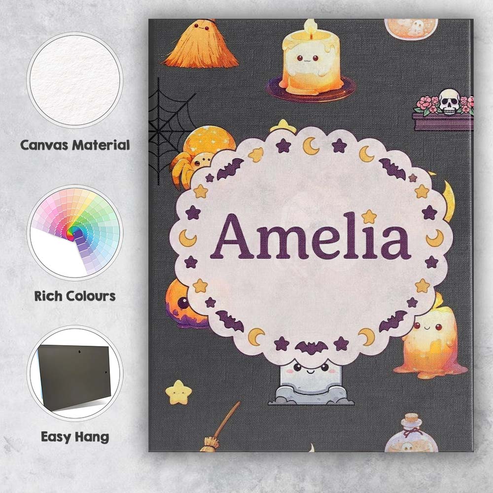 Personalised Name Cute Kawaii Witch Spider Custom Unique Gift Idea Elegant Feature Canvas Wall Art Print Decor Picture Ready to Hang