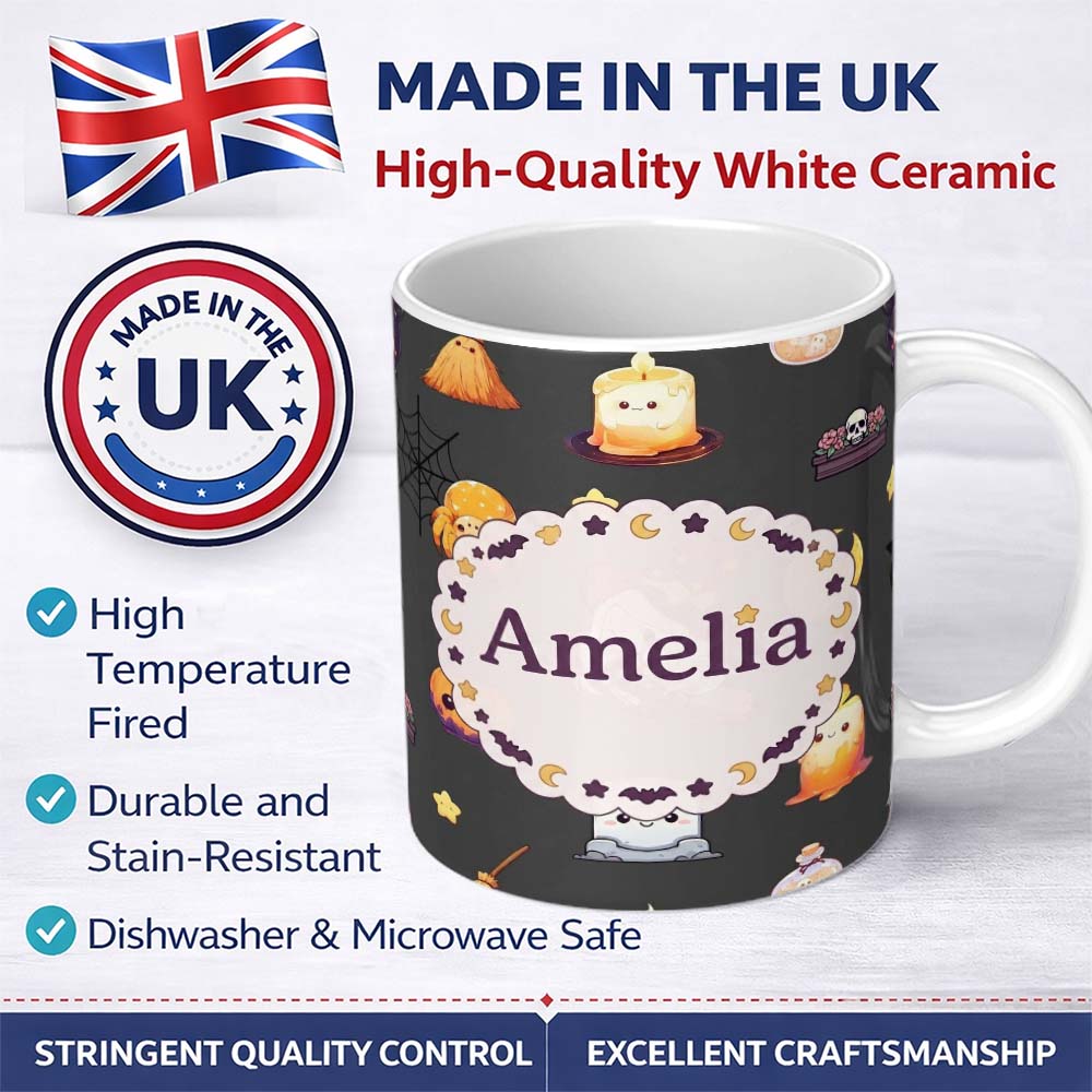 Personalized Custom Name Cute Kawaii Witch Spider Candle Moon Seamless Pattern Black 11oz Ceramic Coffee Tea Mug White Large Handle