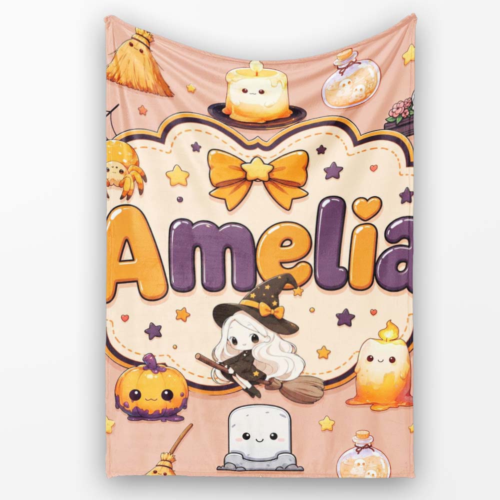 Cute Kawaii Witch Spider Candle Moon Seamless Pattern Peach Personalised Custom Name Super Soft Fleece Blanket Bed Sofa Throw