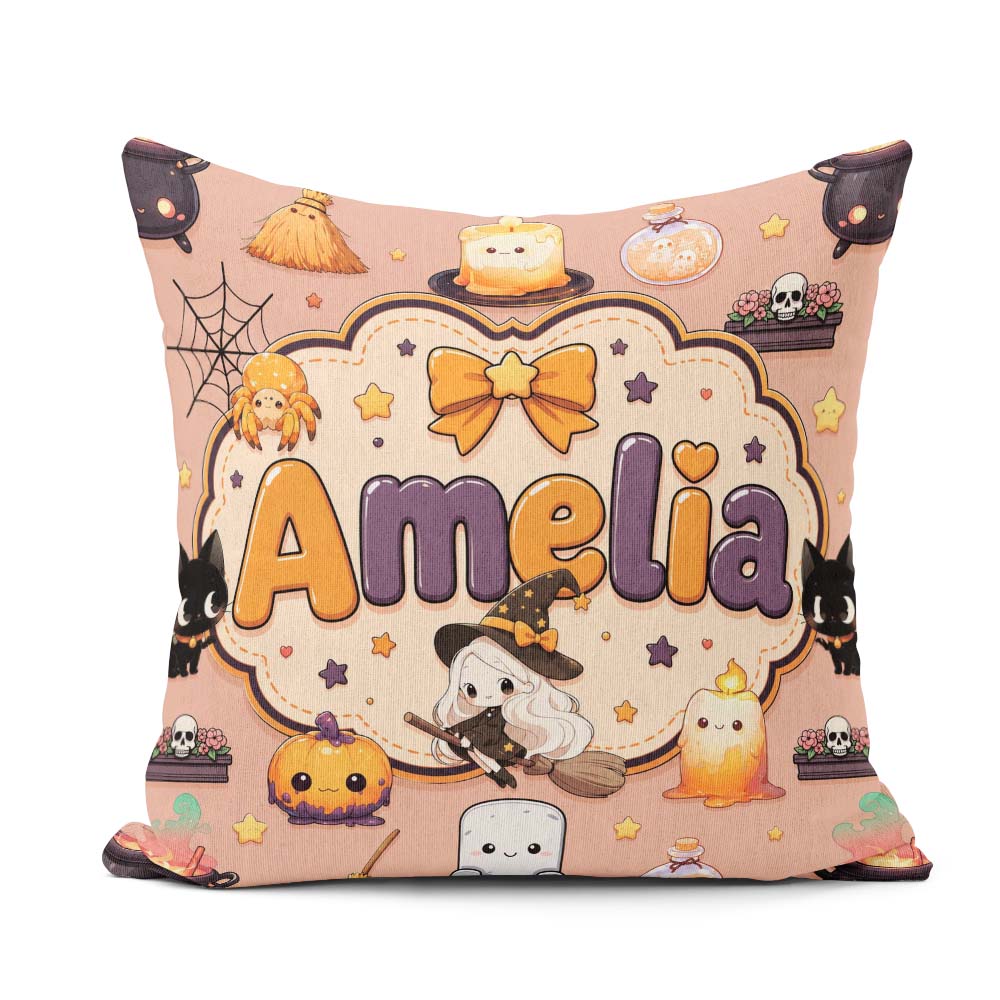 Custom Name Cute Kawaii Witch Spider Moon Seamless Pattern Peach Square Filled Cushion Throw Pillow Sofa Bed Home Decor Zip Washable UK Made