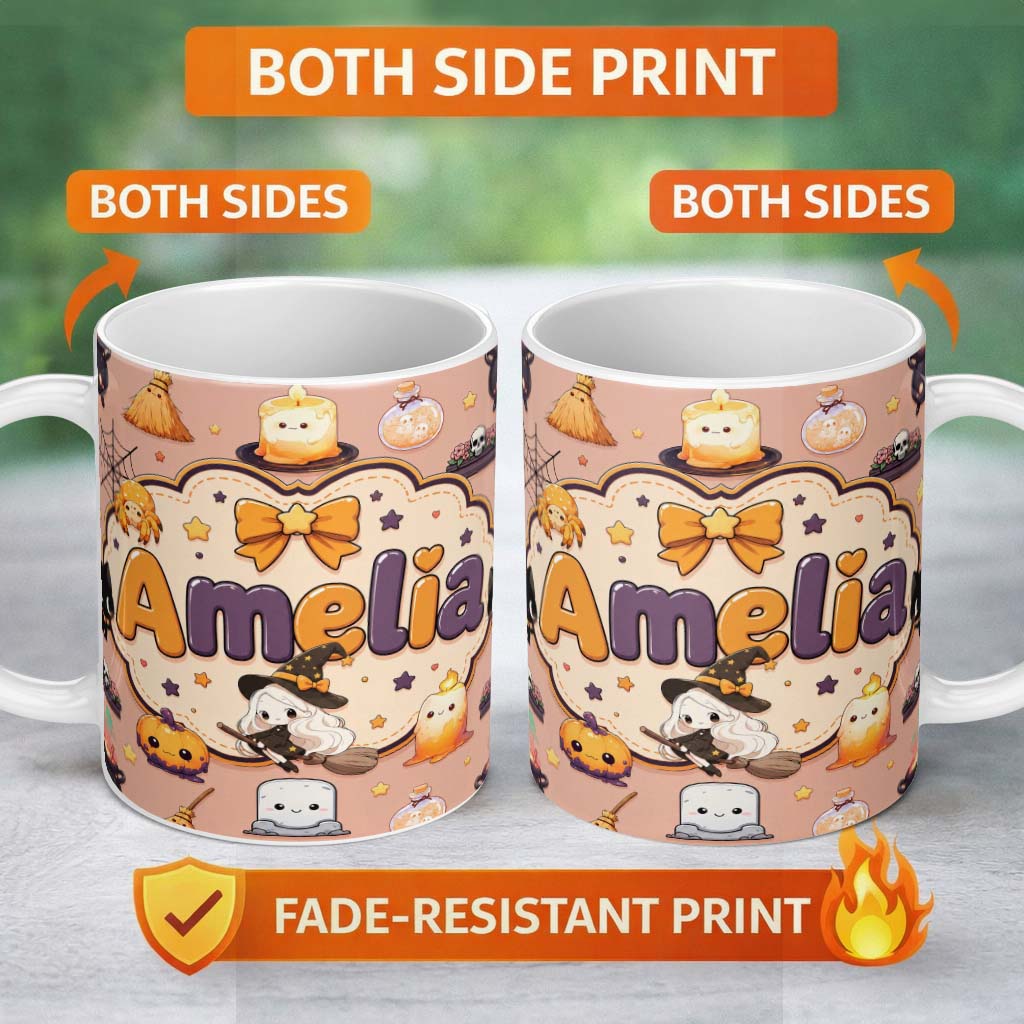 Personalized Custom Name Cute Kawaii Witch Spider Candle Moon Seamless Pattern Peach 11oz Ceramic Coffee Tea Mug White Large Handle