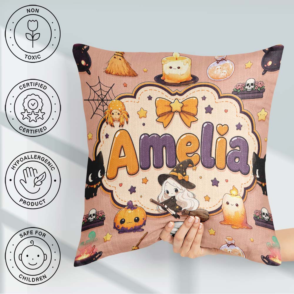 Custom Name Cute Kawaii Witch Spider Moon Seamless Pattern Peach Square Filled Cushion Throw Pillow Sofa Bed Home Decor Zip Washable UK Made