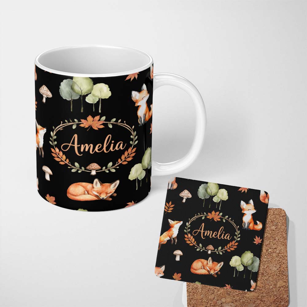 Personalized Custom Name Watercolor Woodland Fox Mushroom Autumn Seamless Pattern on White 11oz Ceramic Coffee Tea Mug White Large Handle