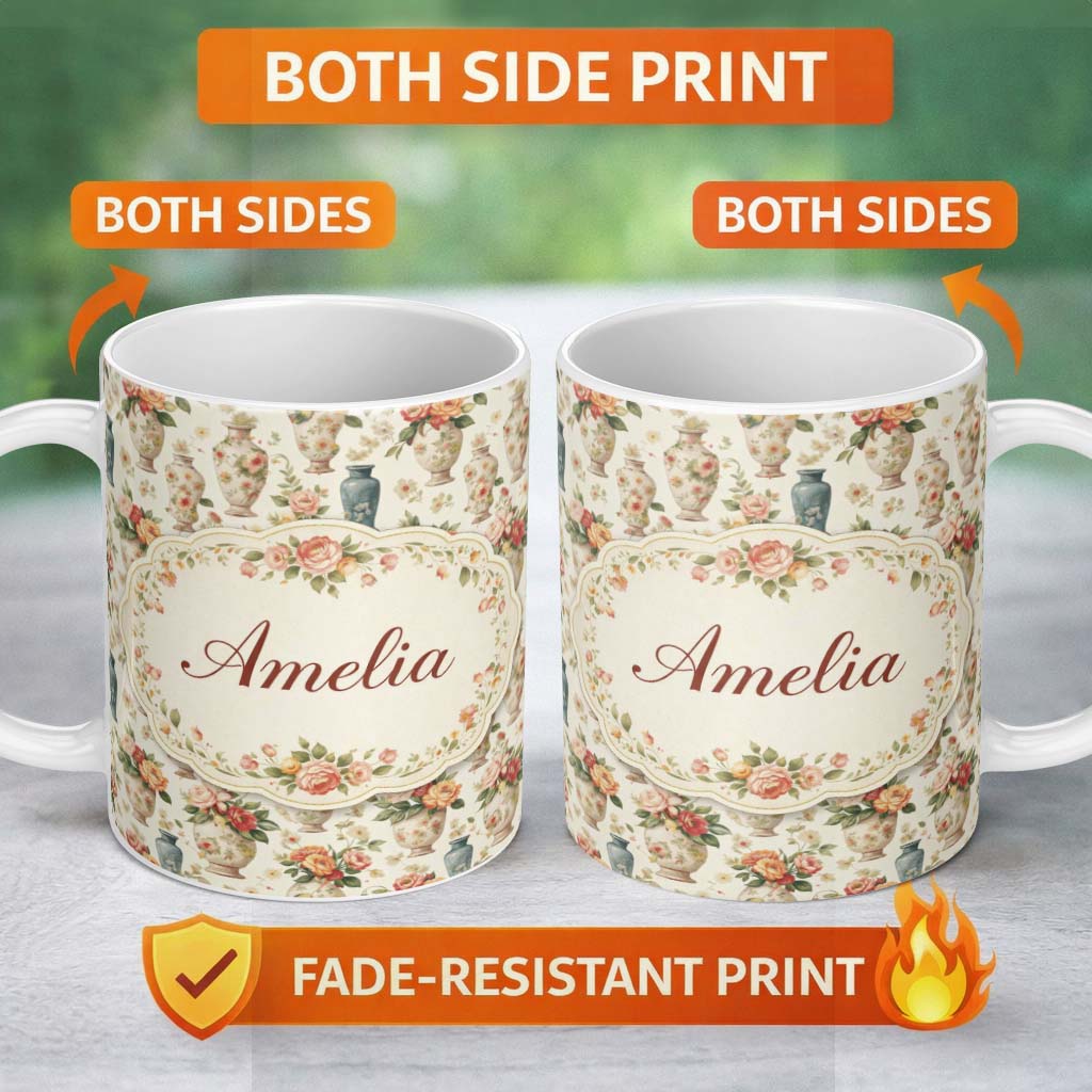 Personalized Custom Name Elegant Floral Vase Arrangement with Soft Roses and Botanical Lovely 11oz Ceramic Coffee Tea Mug White Large Handle