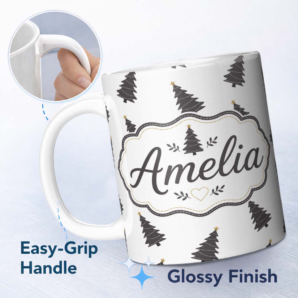 Personalized Custom Name Minimal Christmas Tree Pattern Grey Background Simple Holiday Lovely 11oz Ceramic Coffee Tea Mug White Large Handle