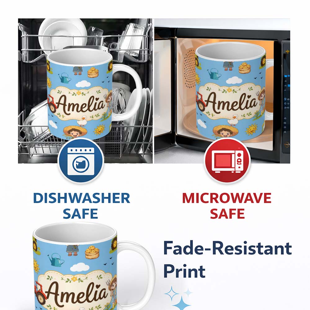 Personalized Custom Name Cute Farm Scene Tractor Duck Farmer Child Clouds Blue Background 11oz Ceramic Coffee Tea Mug White Large Handle