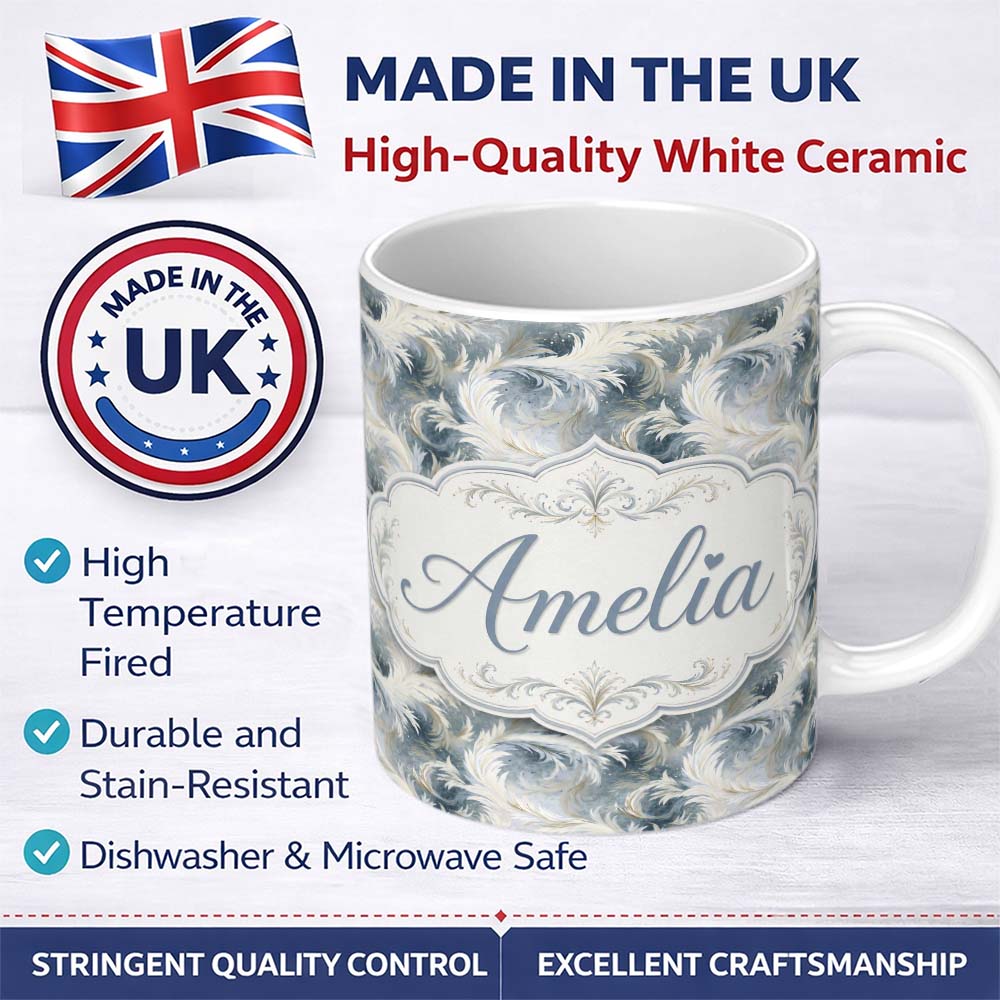 Personalized Custom Name Soft Blue Grey Feather Swirl Abstract Seamless Pattern Lovely 11oz Ceramic Coffee Tea Mug White Large Handle