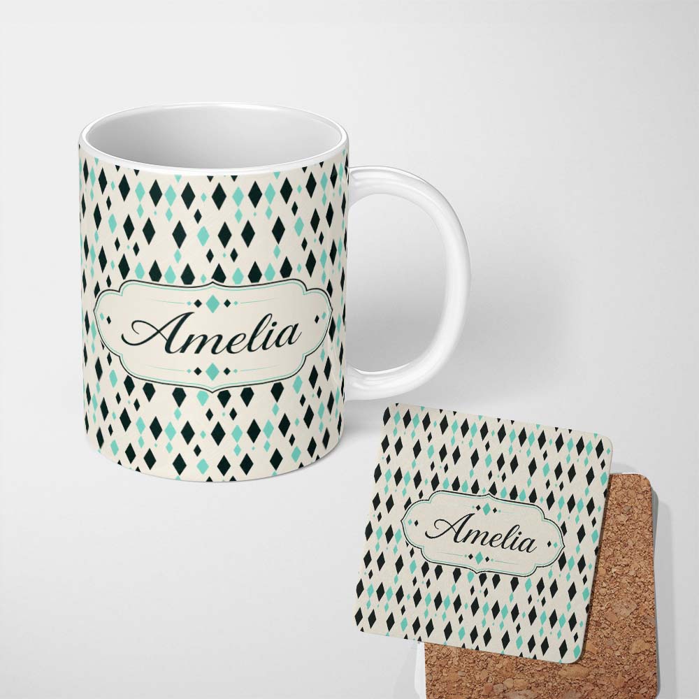 Personalized Custom Name Minimal Geometric Diamond Shapes Abstract Seamless Pattern Lovely 11oz Ceramic Coffee Tea Mug White Large Handle