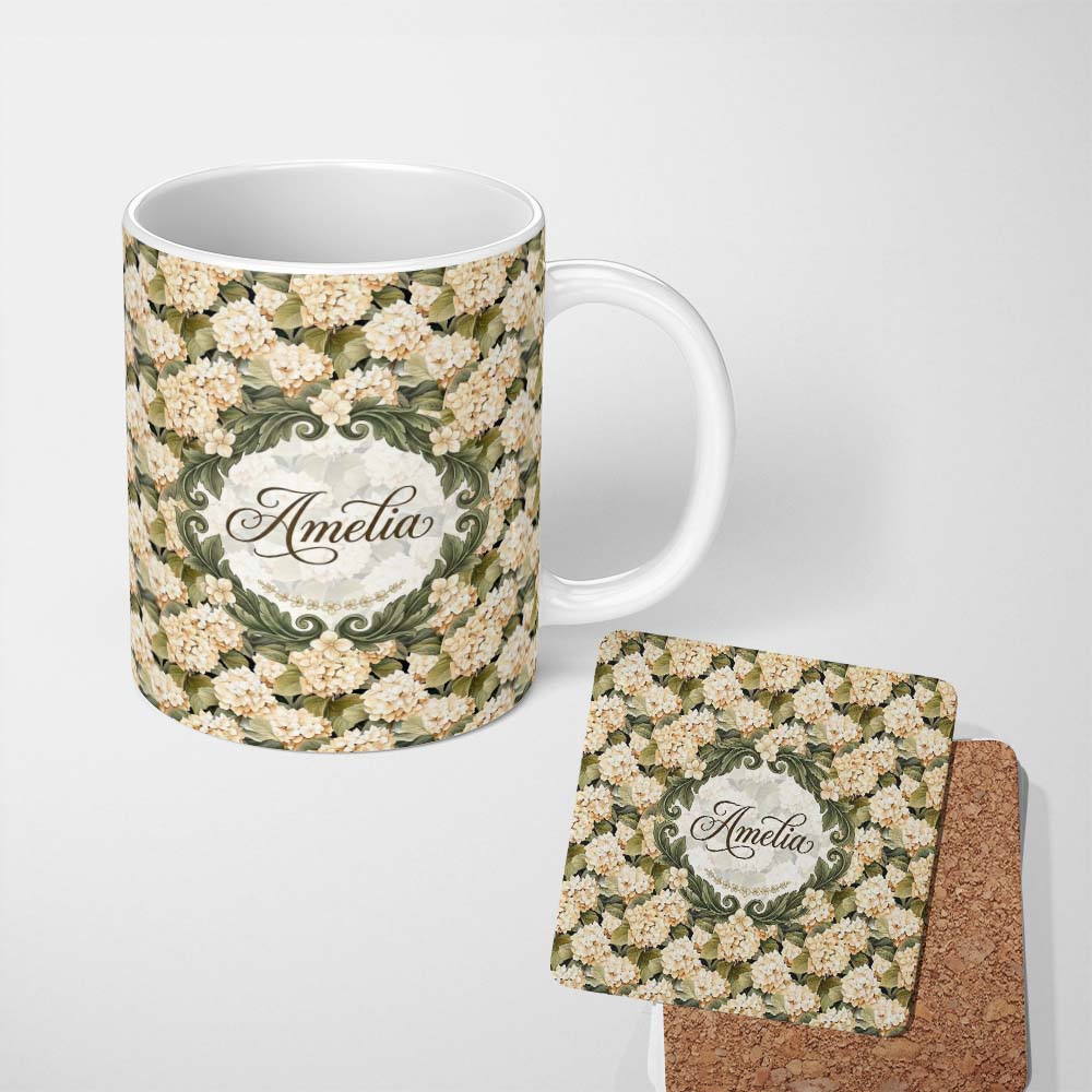 Personalized Custom Name Warm Beige Cream Hydrangea Floral Seamless Pattern Cute Unique Gift 11oz Ceramic Coffee Tea Mug White Large Handle