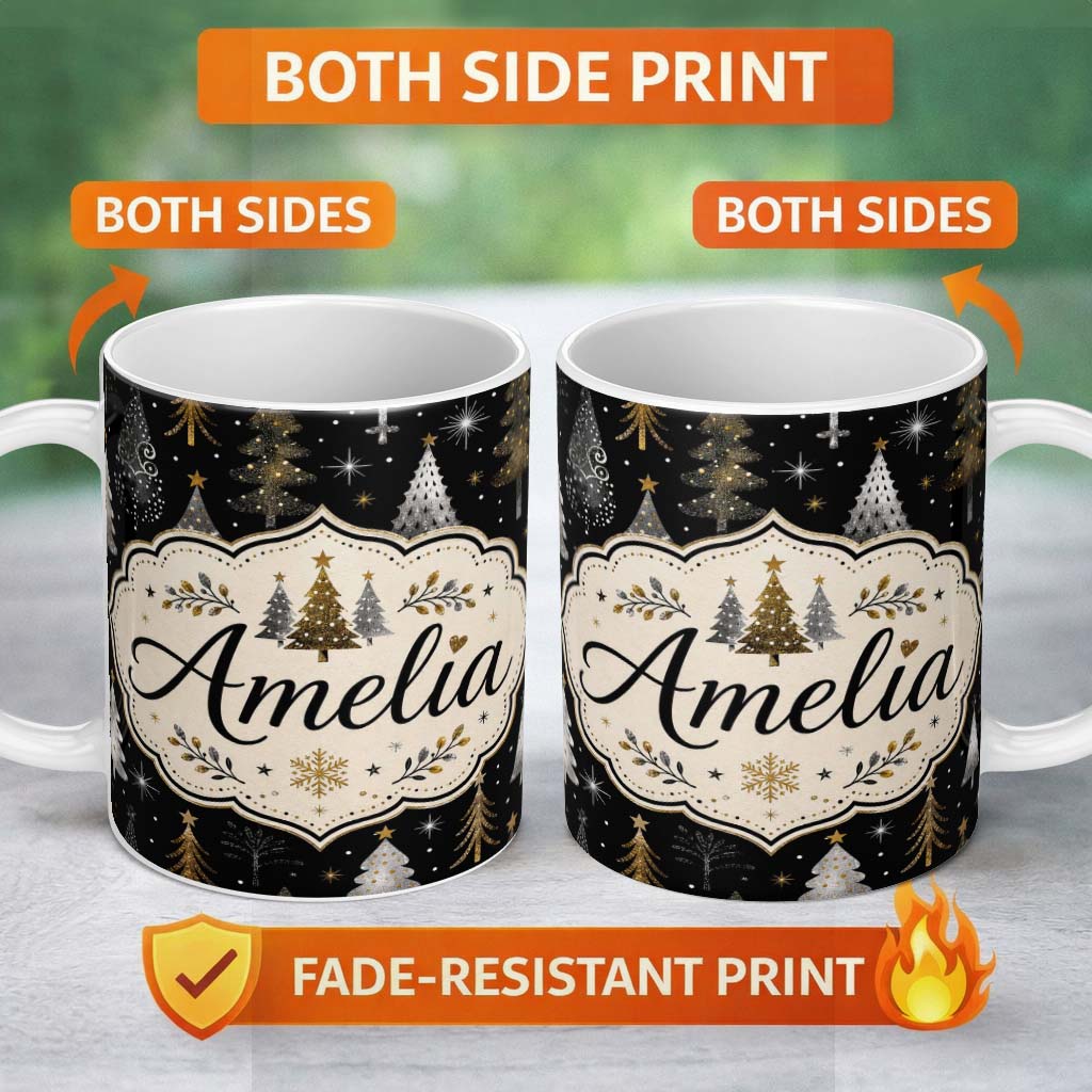 Personalized Custom Name Elegant Gold Silver Christmas Trees Black Seamless Pattern Lovely 11oz Ceramic Coffee Tea Mug White Large Handle