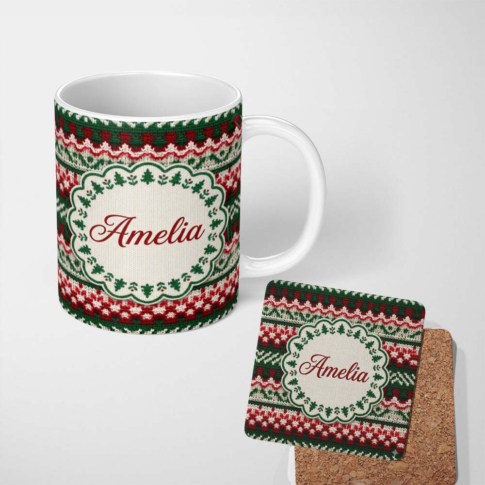 Personalized Custom Name Festive Knitted Fair Isle Christmas Pattern Seamless Lovely 11oz Ceramic Coffee Tea Mug White Large Handle