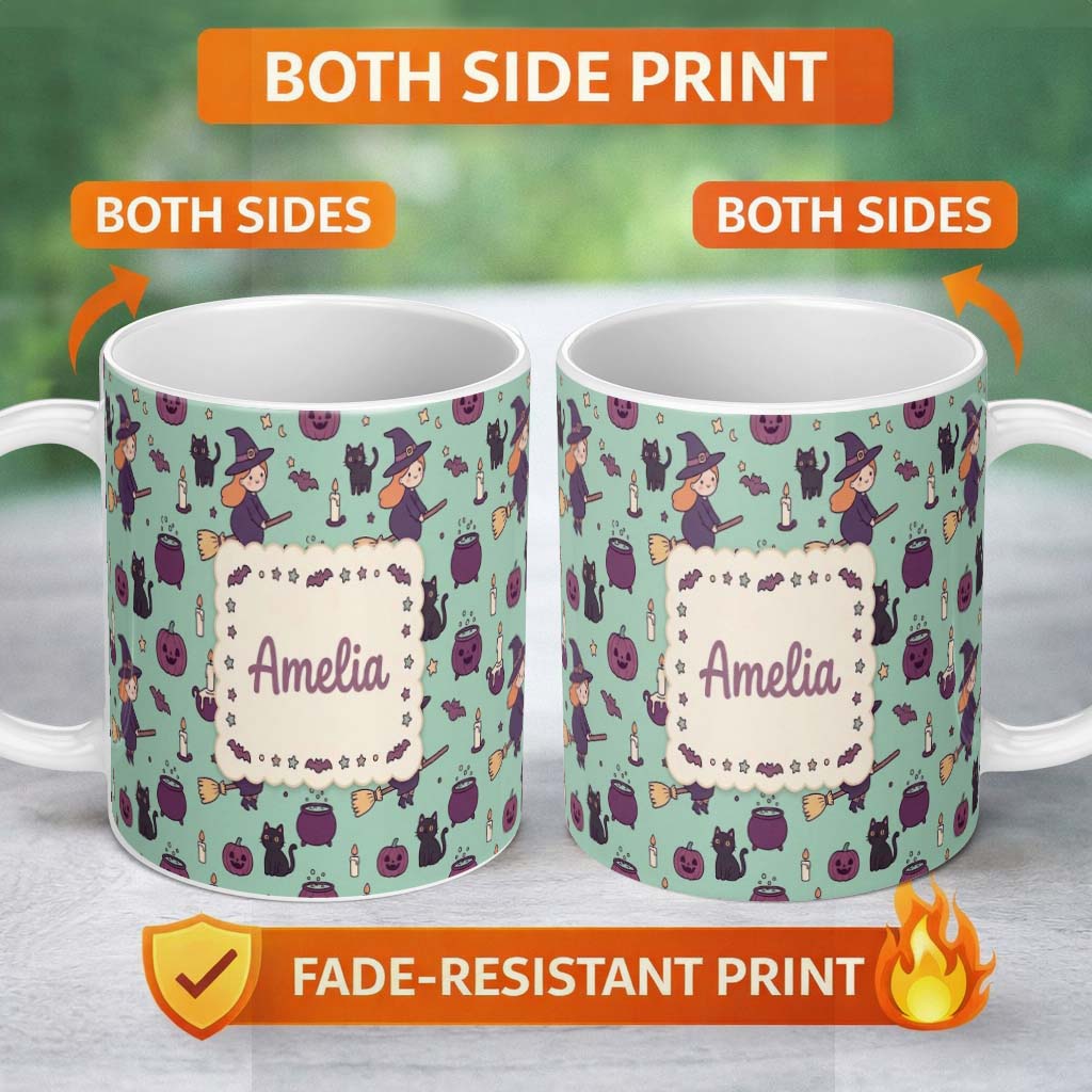 Personalized Custom Name Cute Kawaii Witch Spider Candle Moon Seamless Pattern Teal 11oz Ceramic Coffee Tea Mug White Large Handle
