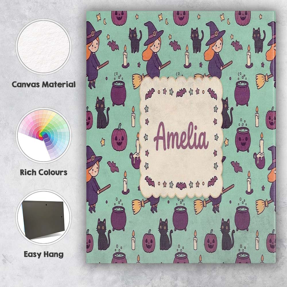 Personalised Name Cute Kawaii Witch Spider Custom Unique Gift Idea Elegant Feature Canvas Wall Art Print Decor Picture Ready to Hang