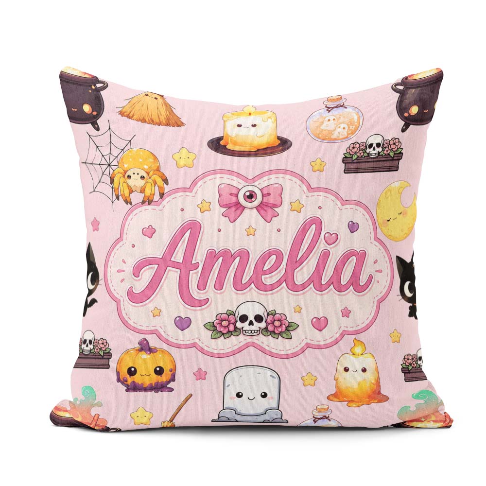 Custom Name Kawaii Spider Candle Moon Halloween Seamless Pattern Square Filled Cushion Throw Pillow Sofa Bed Home Decor Zip Washable UK Made